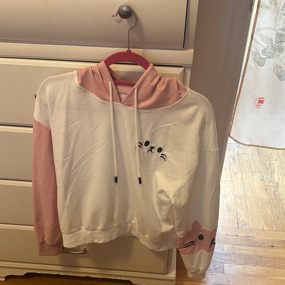 Cute Cat Face Light Hoodie in Pink and White